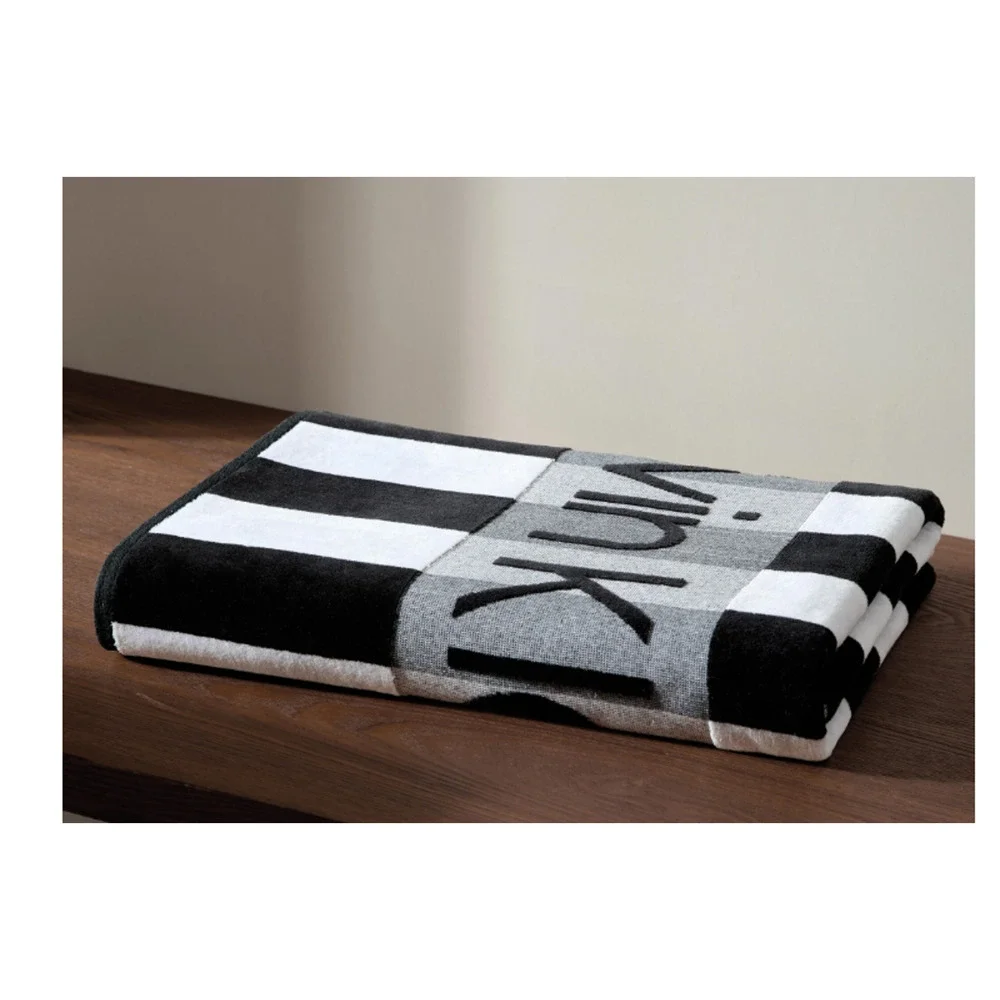 Calvin Klein 2 Piece Beach Towel Set Black Gray Striped Logo 100% Cotton NEW